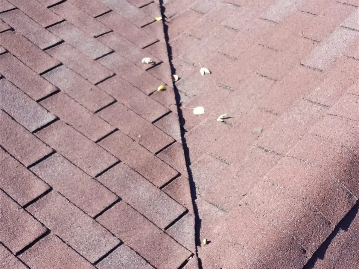 Worn reddish asphalt shingle roof before replacement